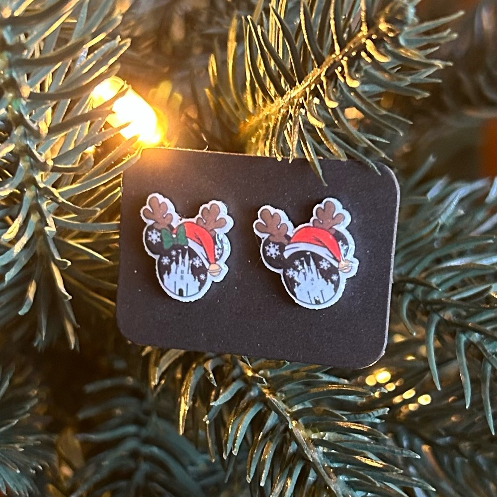 Minnie Mouse & Mickey Mouse Earrings ~ Disney Castle with Santa hat and reindeer